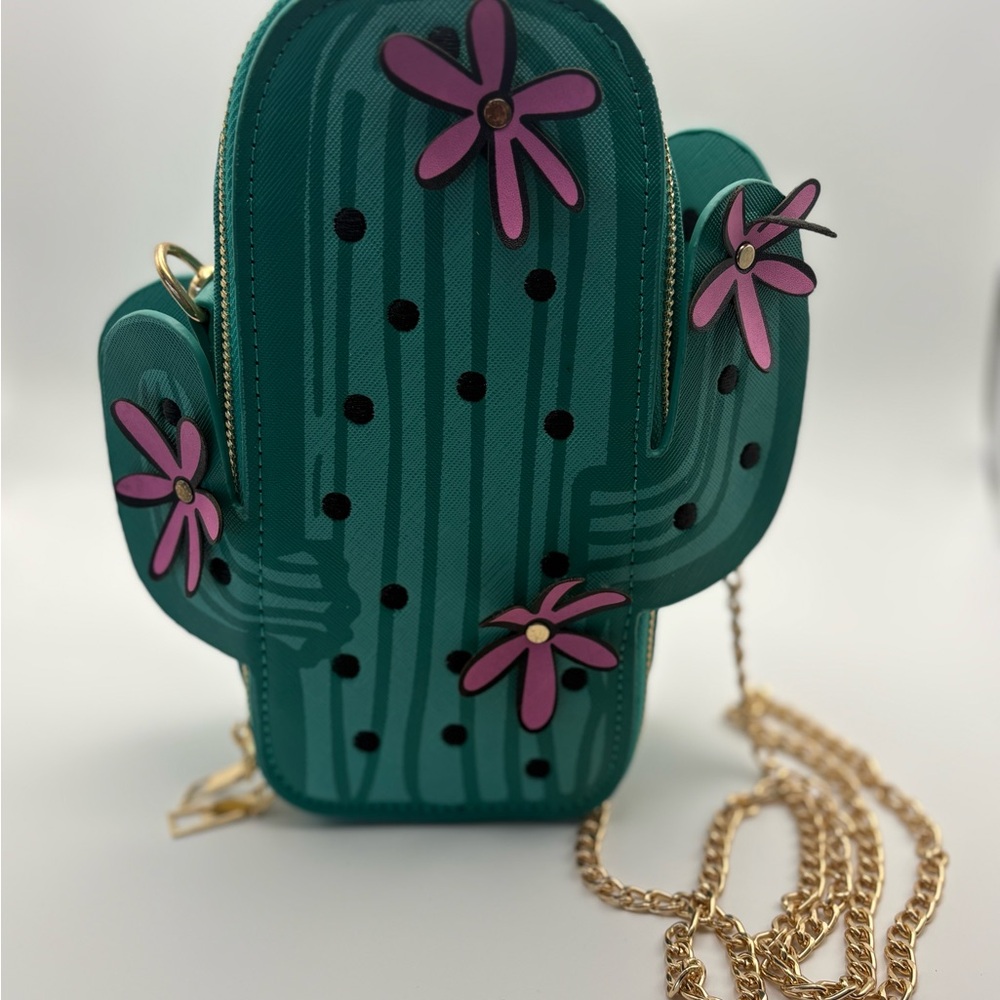 Cactus-Shaped Teal Bag with Pink Flowers and Gold Link Chain